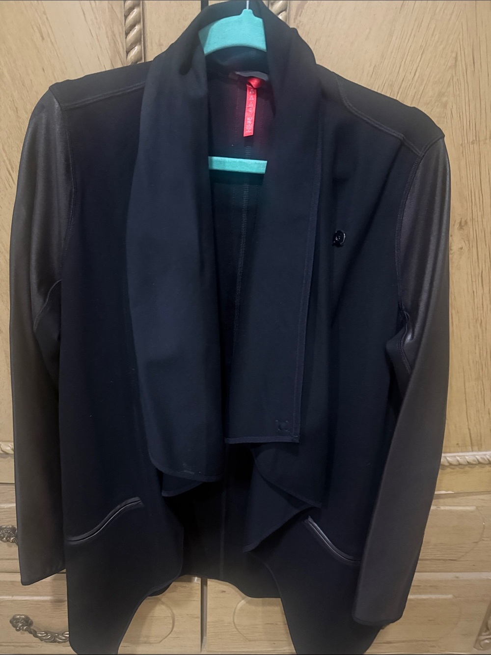 SPANX Black Draped Jacket with Leather-Look Sleeves